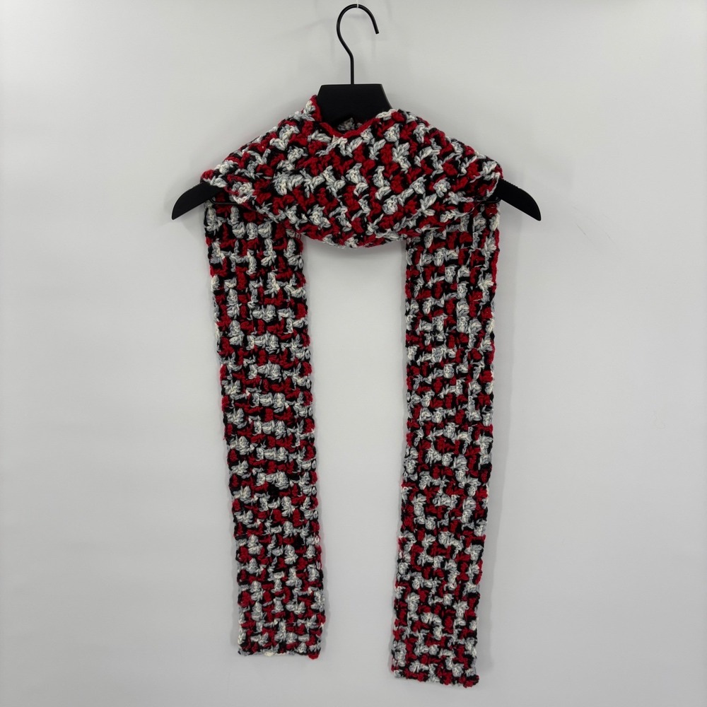Long Handmade Crochet‎ Scarf 96"x4" Red Black White Textured Warm Cozy Boho Knit